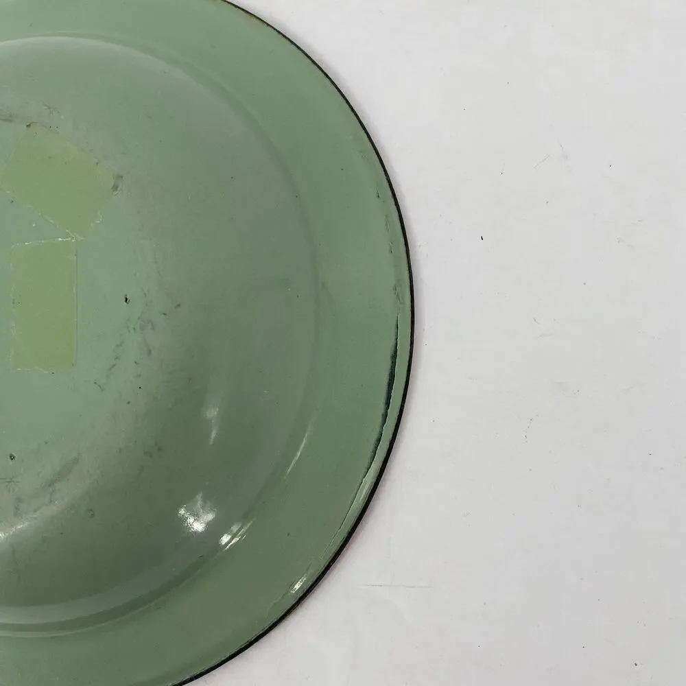 Antique Enamel Child’s Plate Germany Puppy Dog Feeding Bowl Green Red Rim